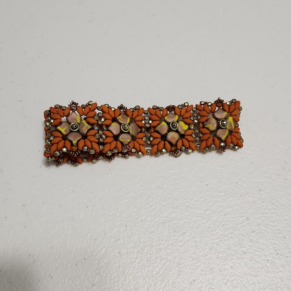 Handmade Beaded Cuff Bracelet Orange Bronze Floral Geometric Turtle Charm Boho